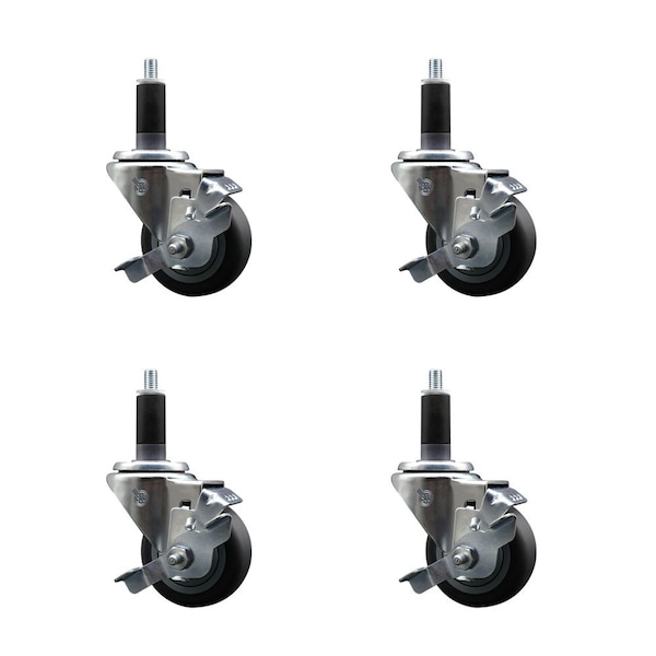 3'' Thermoplastic Rubber Swivel 1-1/8'' Expanding Stem Caster Set with Brake, 4PK